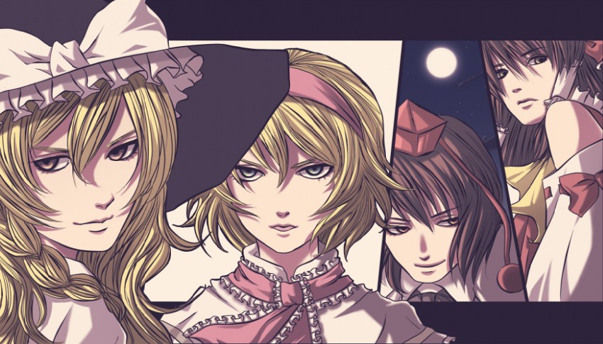 hakurei reimu, kirisame marisa, alice margatroid, and shameimaru aya (touhou) drawn by waya