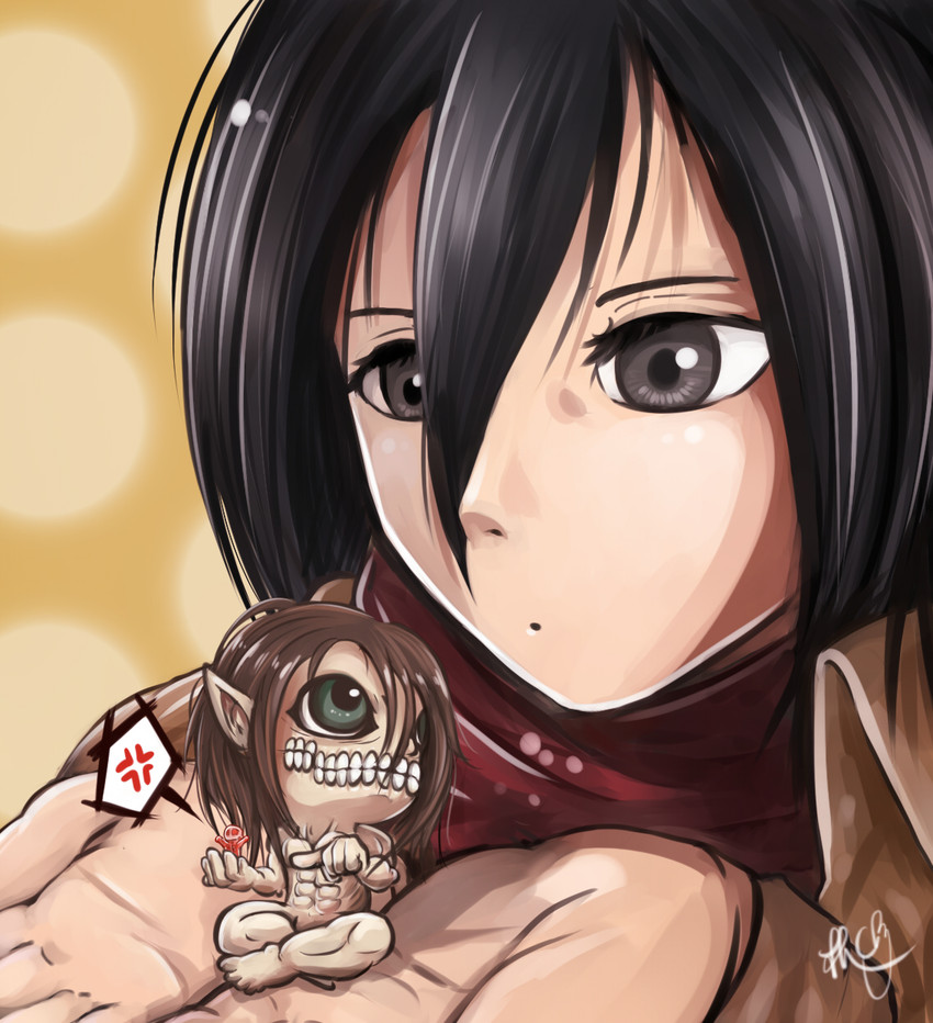 mikasa ackerman, titan, colossal titan, and rogue titan (shingeki no kyojin) drawn by cporing