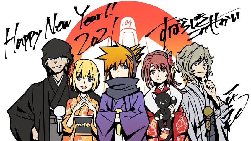 sakuraba neku, misaki shiki, nyantan, bito daisukenojo, kiryu yoshiya, and 1 more (square enix and 1 more) drawn by kobayashi_gen