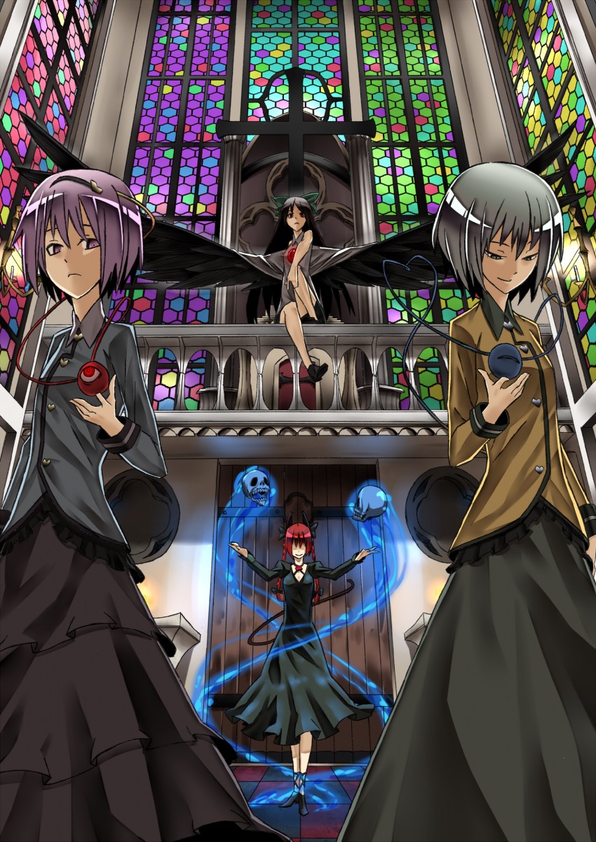 komeiji koishi, komeiji satori, kaenbyou rin, and reiuji utsuho (touhou) drawn by karori_(c-side)