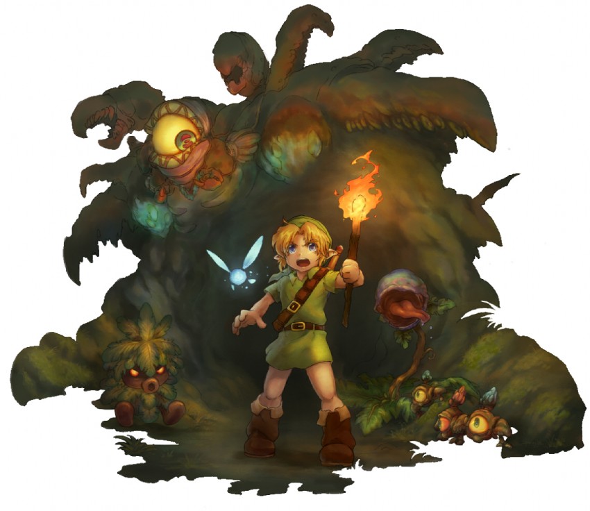 link, young link, navi, deku scrub, deku baba, and 1 more (the legend of zelda and 1 more) drawn by vio_(dry-trail)