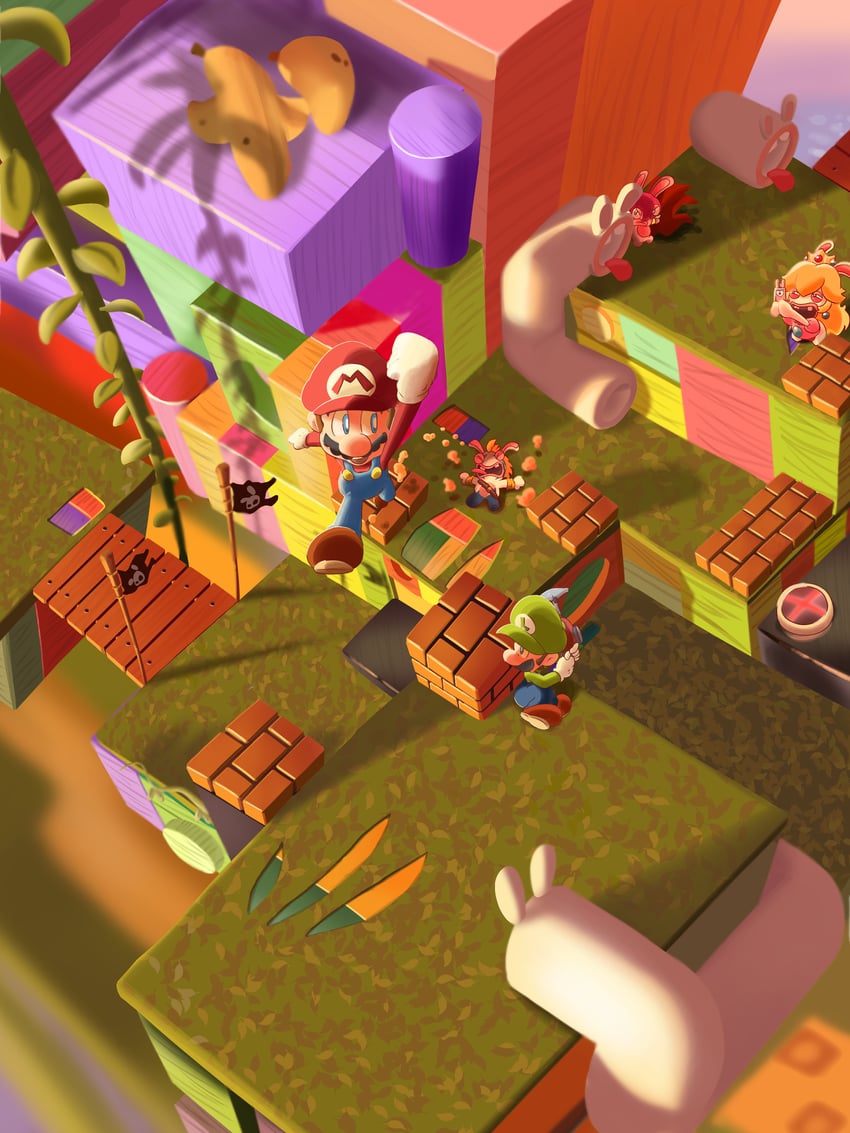 mario, luigi, rabbid, and rabbid peach (mario and 2 more) drawn by maribou_(supermaribou)