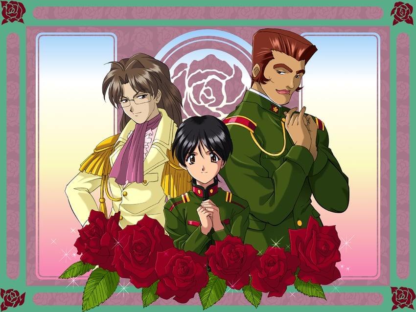 oka kikunojou, seiryuuin kotone, and ota yokihiko (sakura taisen and 1 more) drawn by yamaguchi_yasushi