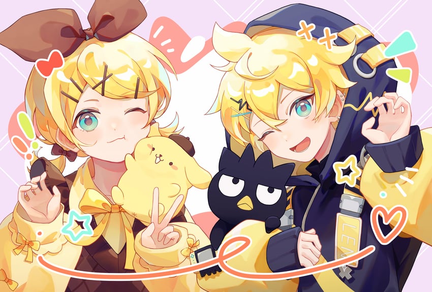 kagamine rin, kagamine len, pompompurin, and badtz-maru (vocaloid and 1 more) drawn by nanasun_(nnsn02777)
