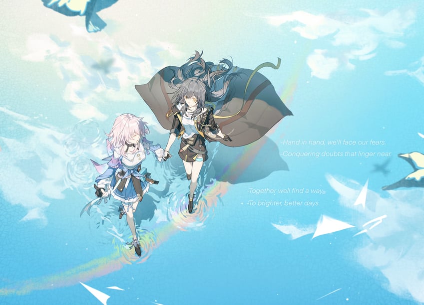 trailblazer, stelle, and march 7th (honkai and 1 more) drawn by qingxinguayu.
