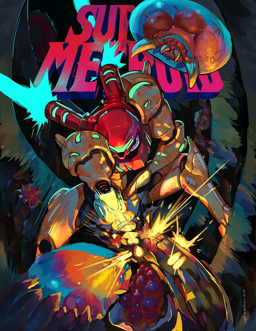 samus aran, metroid, metroid larva, geemer, and dessgeega (metroid and 1 more) drawn by kainonaut