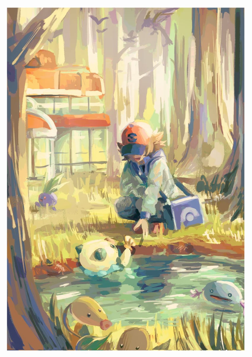hilbert, oshawott, wooper, oddish, and bellsprout (pokemon and 1 more) drawn by katahara_(no_108105)