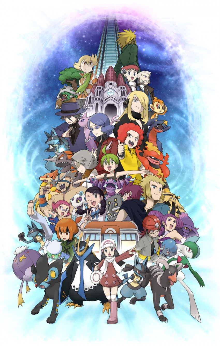 dawn, cynthia, lucario, espeon, garchomp, and 33 more (pokemon and 2 more) drawn by koma_yoichi
