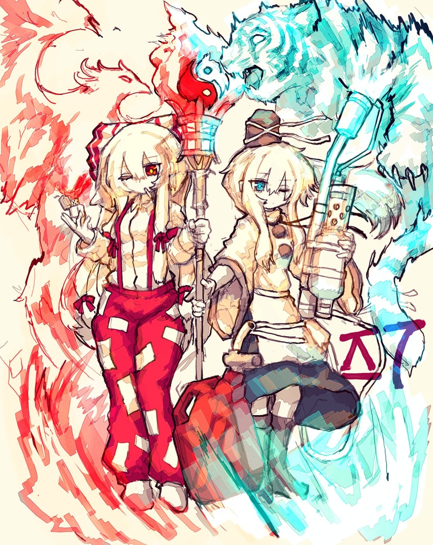 fujiwara no mokou and mononobe no futo (touhou) drawn by rampa93
