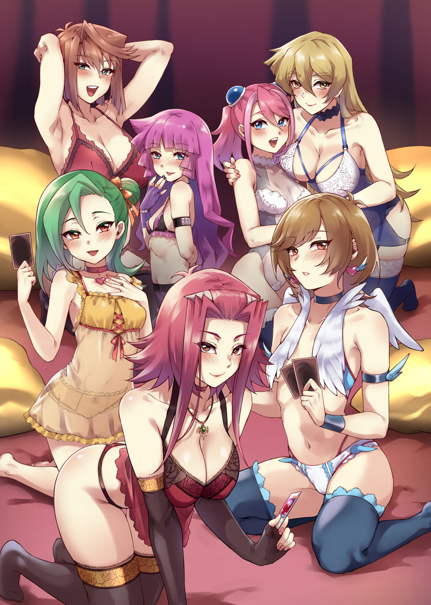 tenjouin asuka, izayoi aki, hiiragi yuzu, mazaki anzu, zaizen aoi, and 2 more (yu-gi-oh! and 7 more) drawn by mibry_(phrysm)