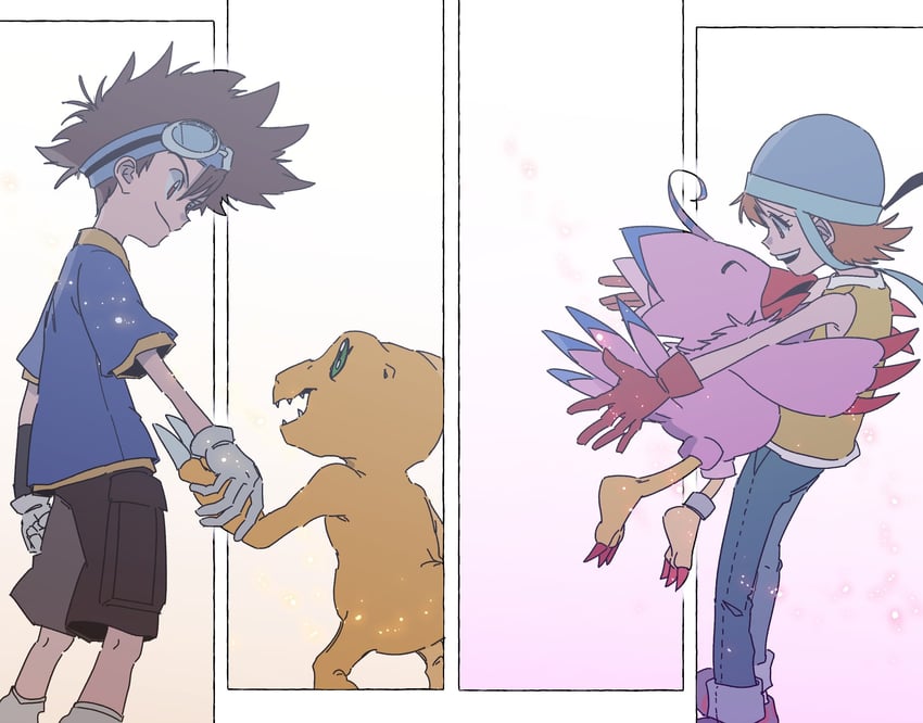 yagami taichi, agumon, takenouchi sora, and piyomon (digimon and 1 more) drawn by du_(pal_di)