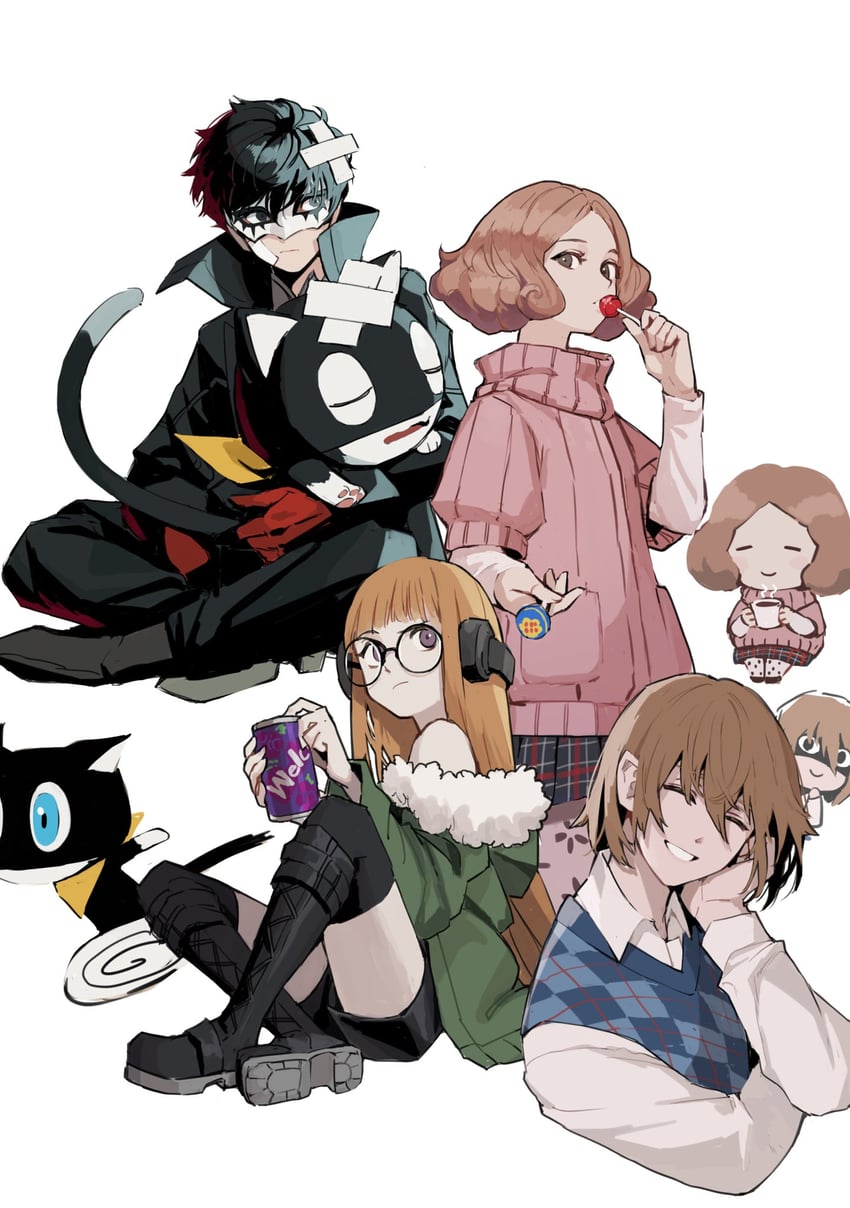 amamiya ren, sakura futaba, okumura haru, akechi gorou, morgana, and 1 more (persona and 1 more) drawn by 1_kdcrf