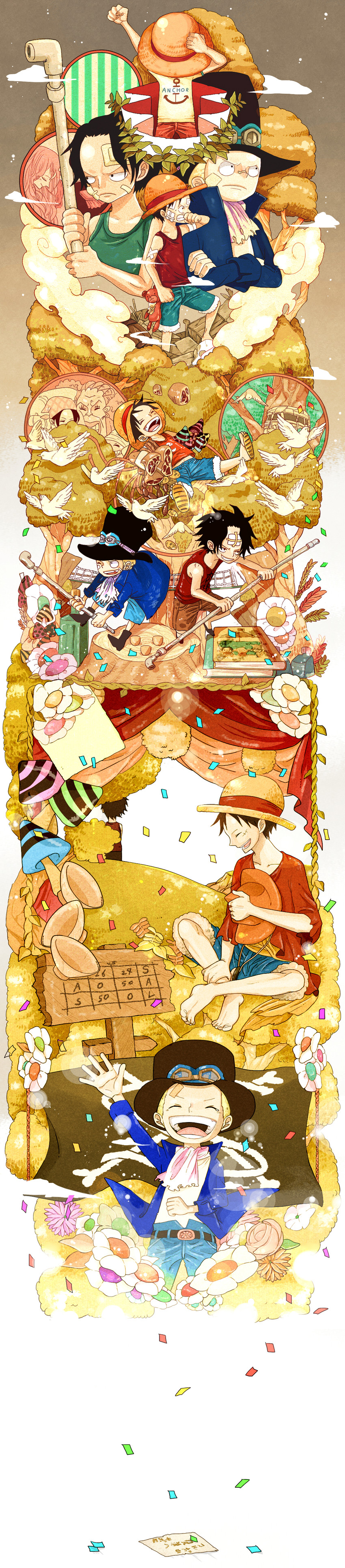 monkey d. luffy, portgas d. ace, sabo, gol d. roger, portgas d. rouge, and 3 more (one piece) drawn by sunaya