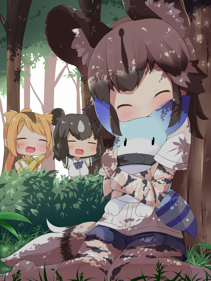 lucky beast, brown bear, golden snub-nosed monkey, and african wild dog (kemono friends) drawn by makuran