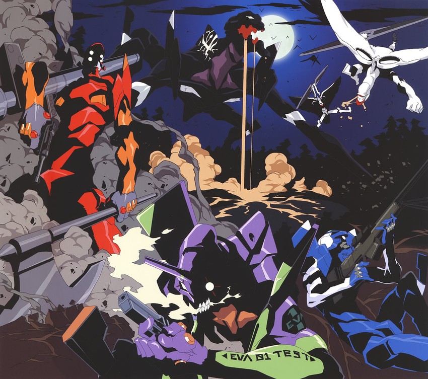 eva 02, eva 01, eva 00, mass production eva, and eva 03 (neon genesis evangelion and 1 more) drawn by imaishi_hiroyuki
