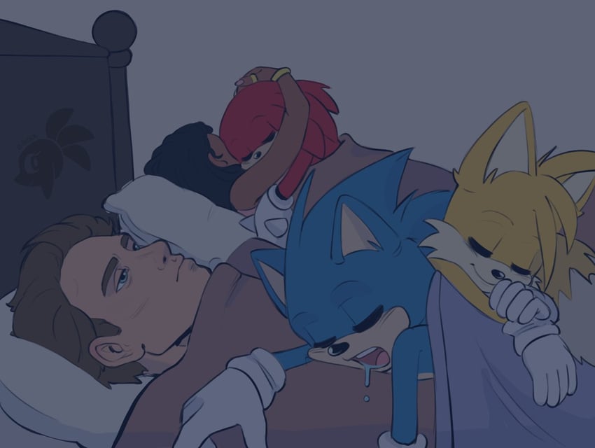 sonic the hedgehog, tails, knuckles the echidna, tom wachowski, and maddie wachowski (sonic and 1 more) drawn by qkora01
