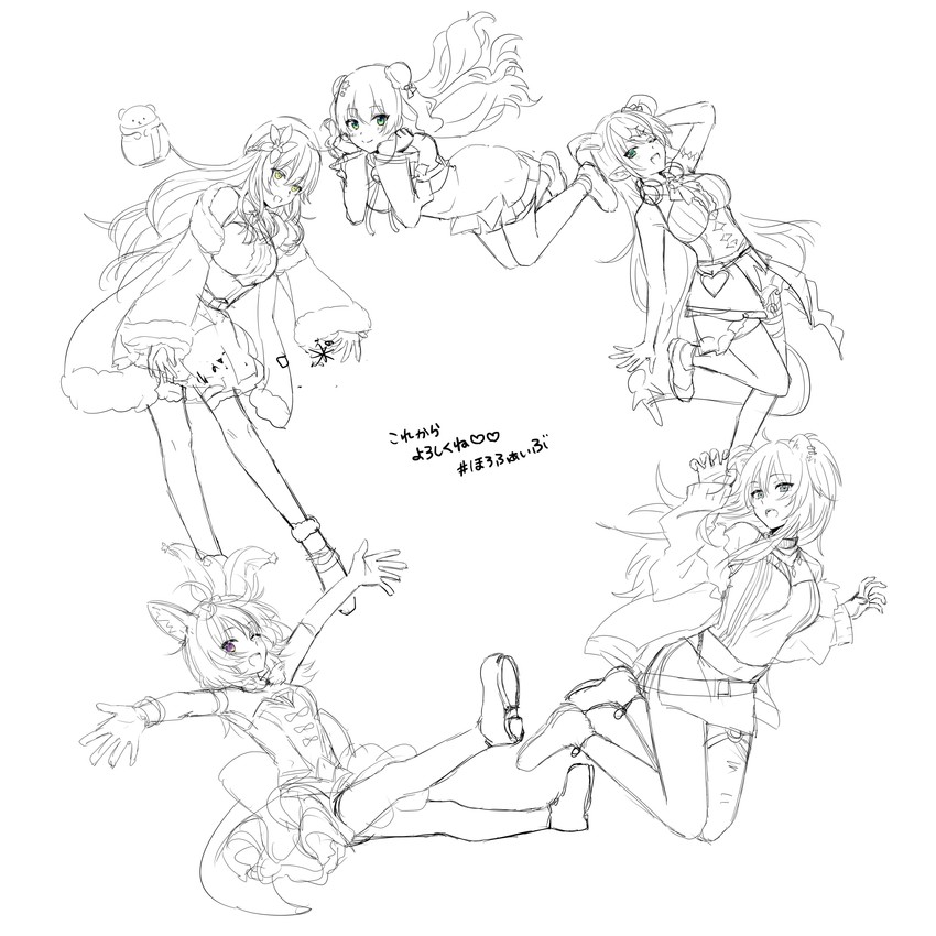 yukihana lamy, shishiro botan, omaru polka, momosuzu nene, daifuku, and 1 more (hololive) drawn by hoshimachi_suisei_(artist)