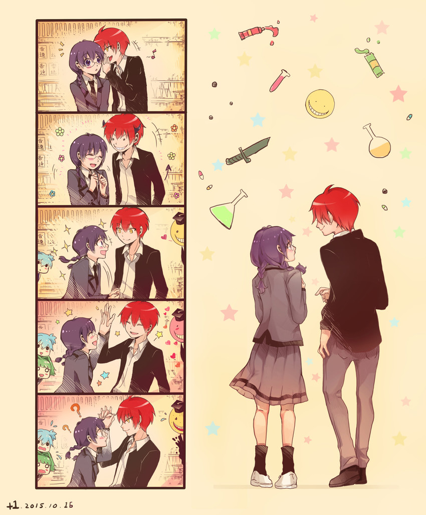 shiota nagisa, akabane karma, koro-sensei, kayano kaede, and okuda manami (ansatsu kyoushitsu) drawn by +1_(yakusoku0722)