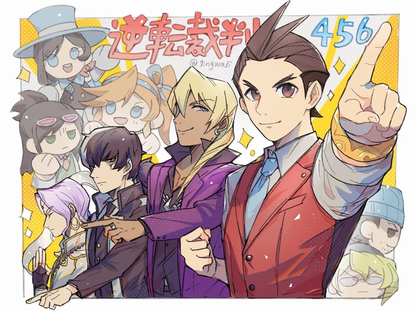 phoenix wright, apollo justice, trucy wright, athena cykes, klavier gavin, and 4 more (ace attorney and 3 more) drawn by kaeru_(qingwali)