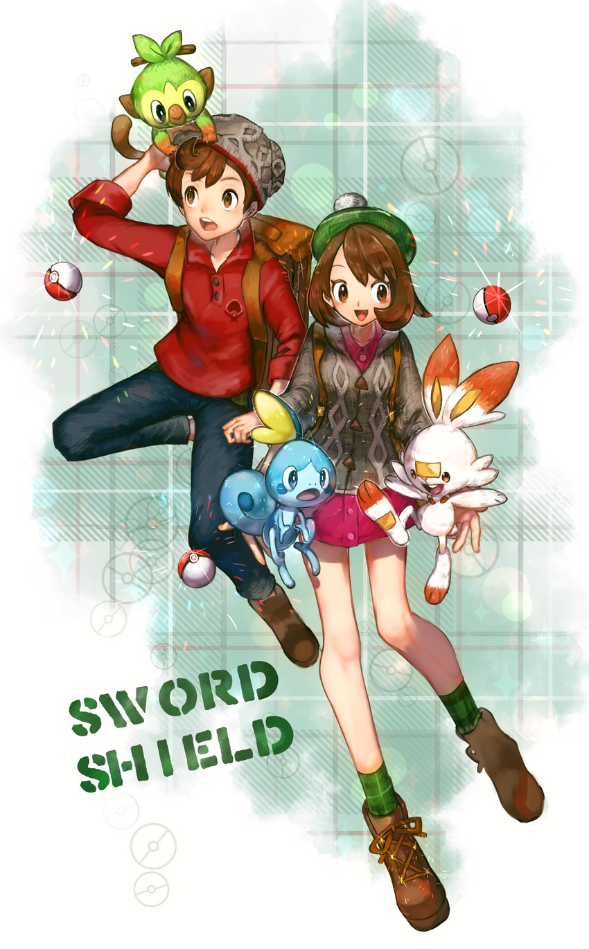 gloria, scorbunny, sobble, victor, and grookey (pokemon and 1 more) drawn by yellowking_hiro