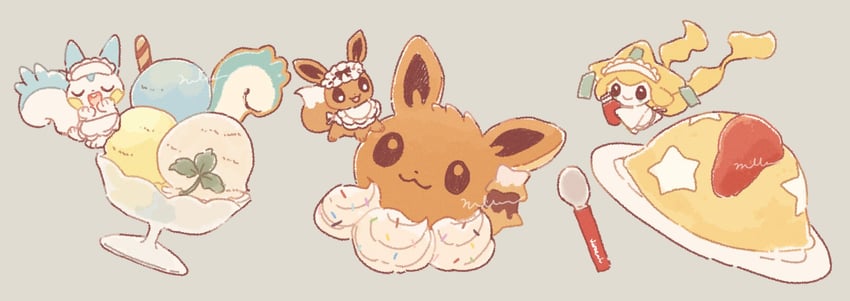 eevee, jirachi, and pachirisu (pokemon) drawn by mkt_(buizu-miki)