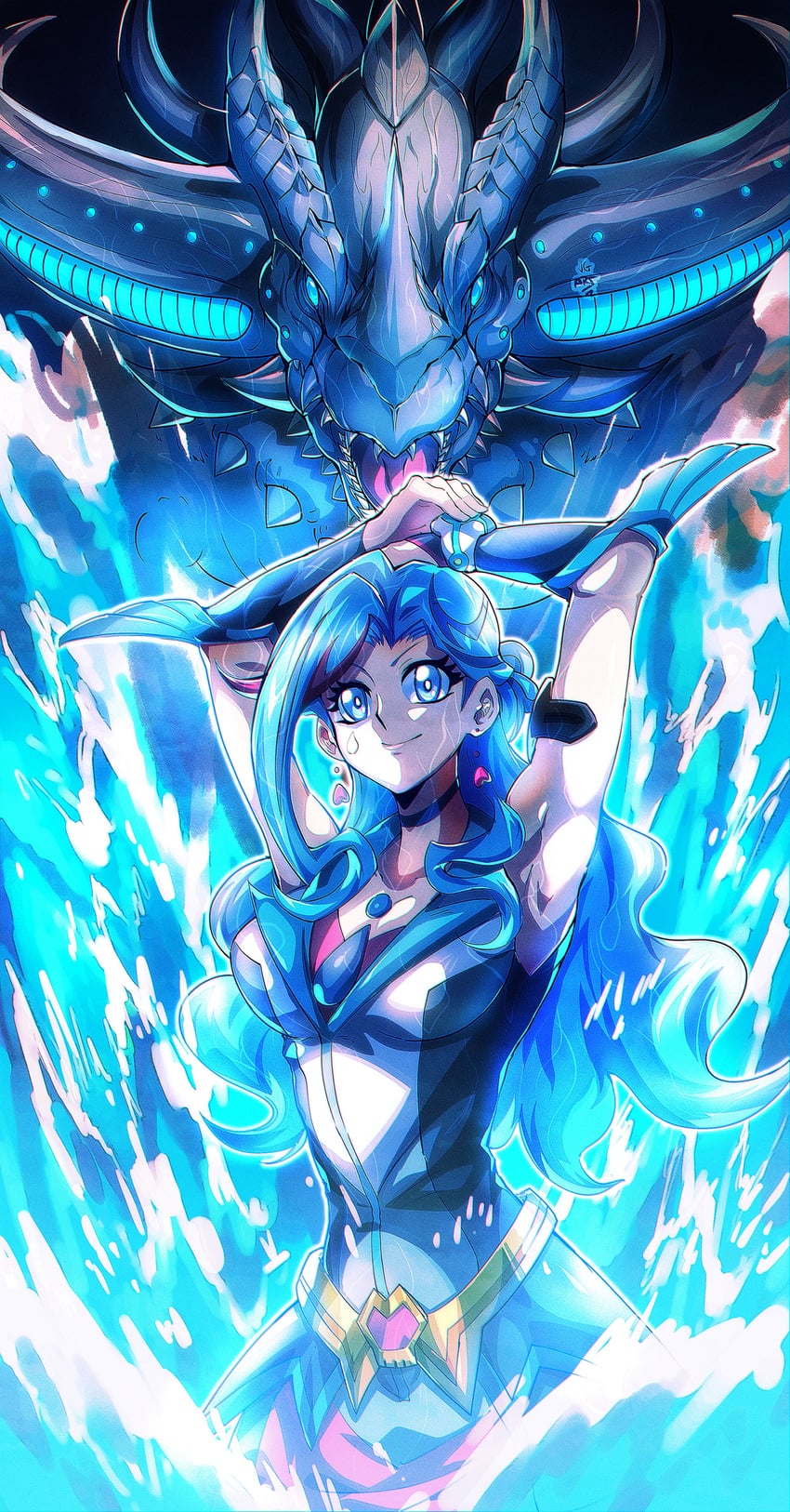 zaizen aoi, blue maiden, and worldsea dragon zealantis (yu-gi-oh! and 1 more) drawn by vincent_graphic_art
