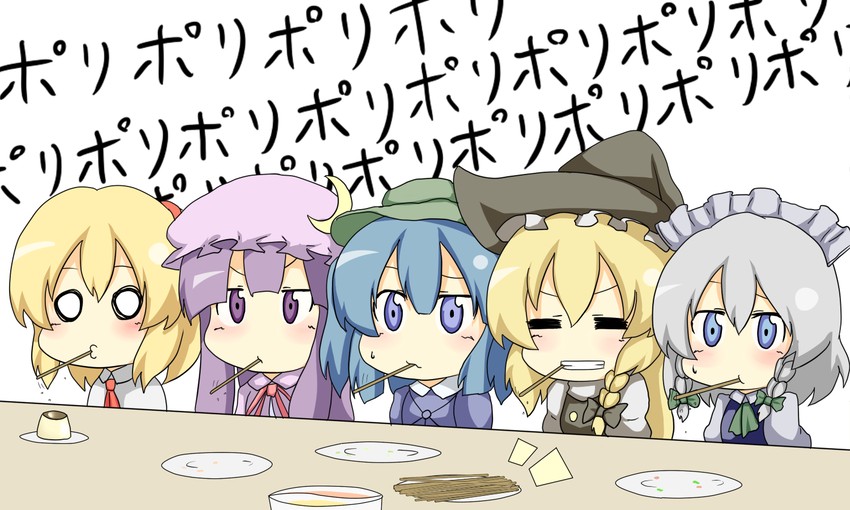 kirisame marisa, izayoi sakuya, alice margatroid, patchouli knowledge, and kawashiro nitori (touhou) drawn by black_burakku