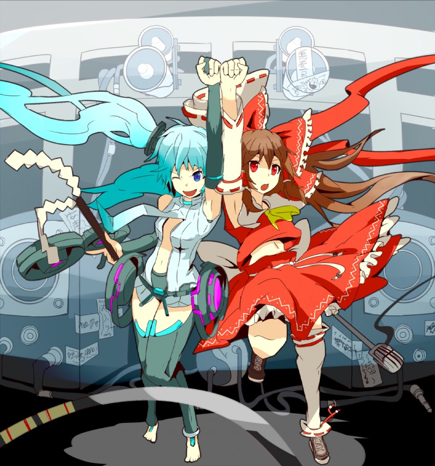 hatsune miku and hakurei reimu (touhou and 1 more) drawn by pateo