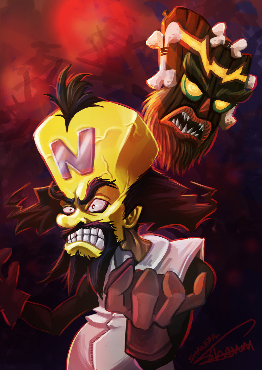 neo cortex and uka uka (crash bandicoot) drawn by shawn_lim