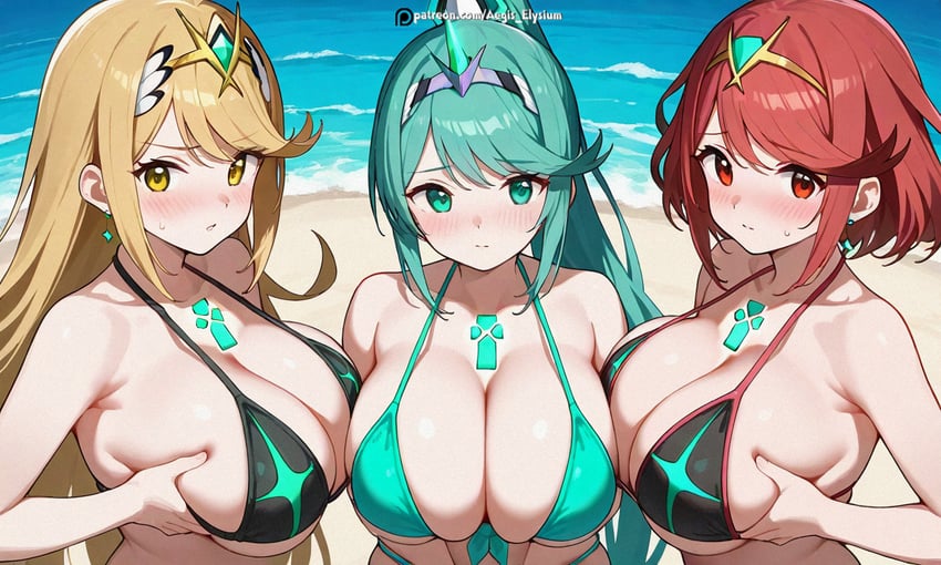 pyra, mythra, and pneuma (xenoblade chronicles and 1 more) drawn by aegis_elysium