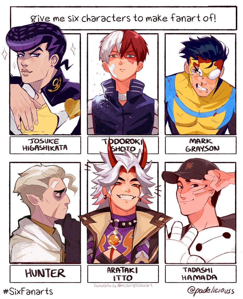 higashikata josuke, todoroki shoto, arataki itto, baymax, mark grayson, and 3 more (genshin impact and 6 more) drawn by padeliciouss