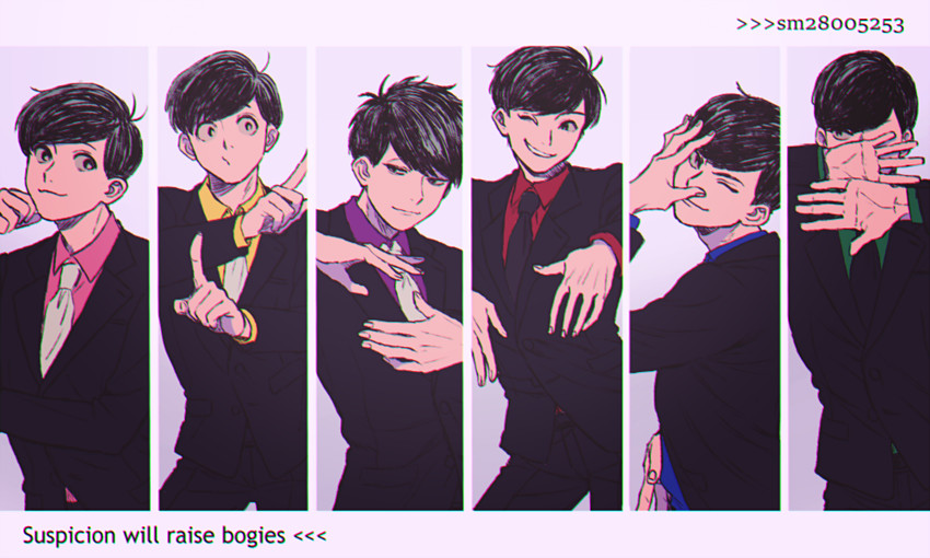 matsuno osomatsu, matsuno karamatsu, matsuno ichimatsu, matsuno jyushimatsu, matsuno choromatsu, and 1 more (osomatsu and 1 more) drawn by meeji_(isuzu_rio)