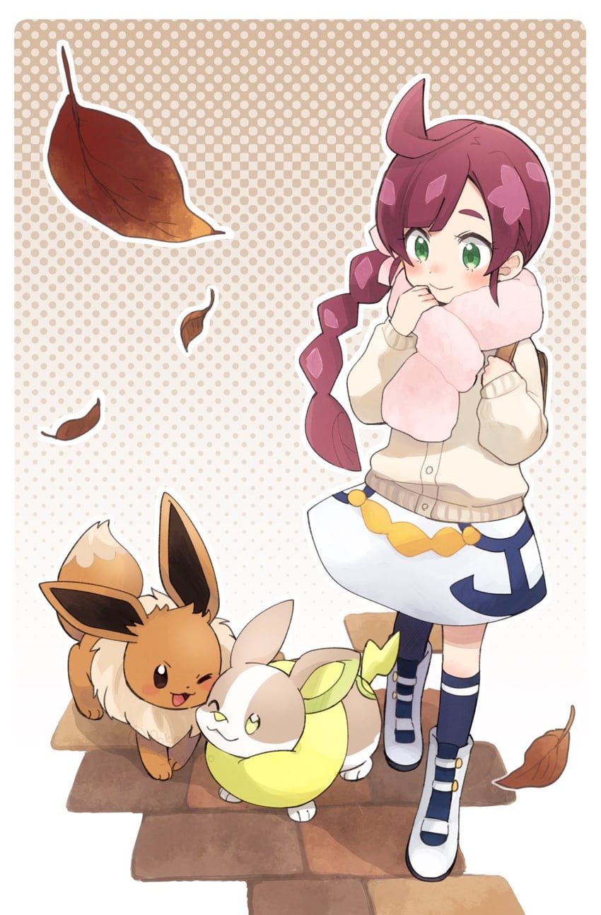 eevee, yamper, and chloe (pokemon and 1 more) drawn by pokesumomo