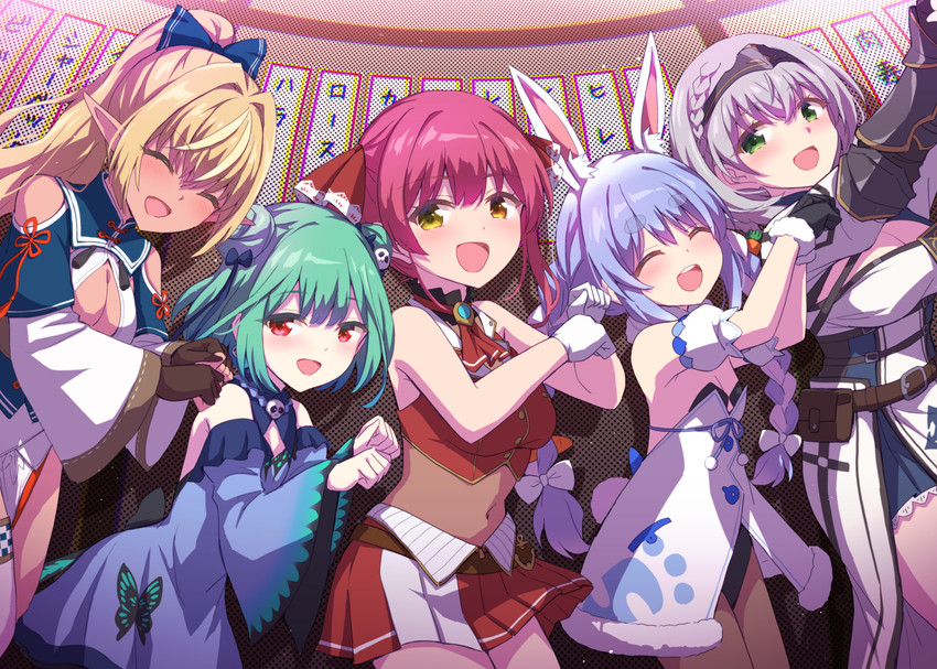 houshou marine, usada pekora, shirogane noel, uruha rushia, and shiranui flare (hololive) drawn by marugoshi_(54burger)