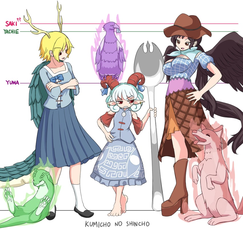 kicchou yachie, kurokoma saki, toutetsu yuuma, otter spirit, wolf spirit, and 1 more (touhou) drawn by igu_(103milk)