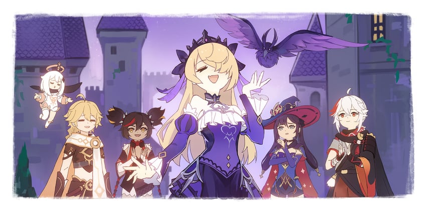 aether, mona, paimon, kaedehara kazuha, oz, and 2 more (genshin impact) drawn by xiang_wan_wei_wan