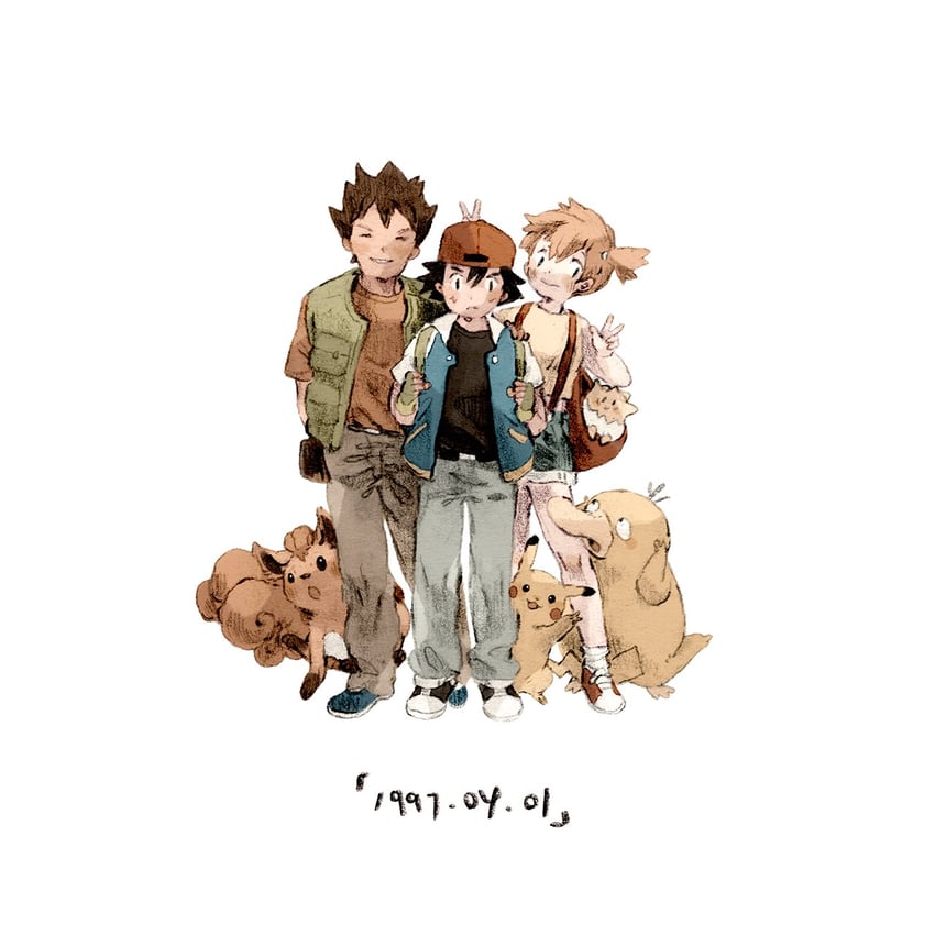 pikachu, ash ketchum, misty, psyduck, vulpix, and 2 more (pokemon) drawn by luce-in-the-sky