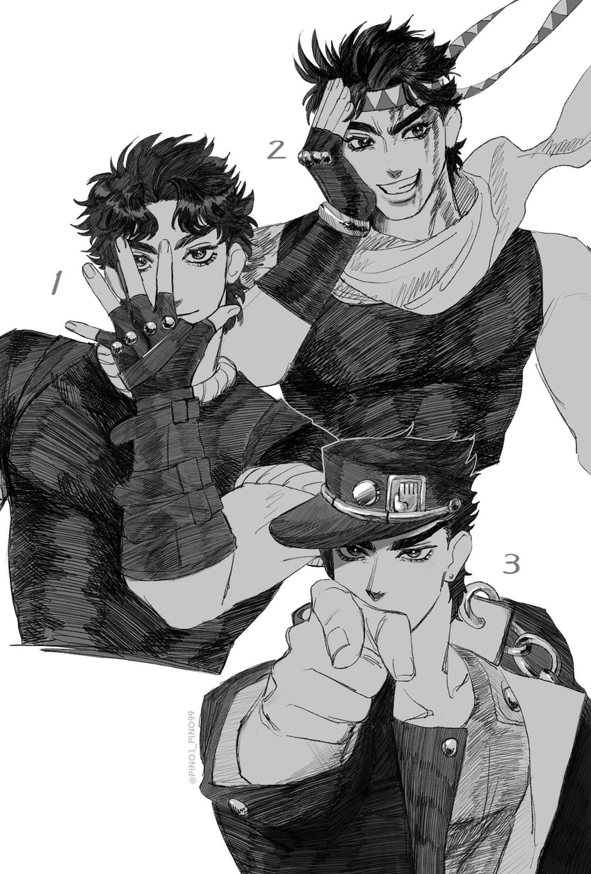 joseph joestar, kujo jotaro, and jonathan joestar (jojo no kimyou na bouken and 3 more) drawn by pino1_pino99