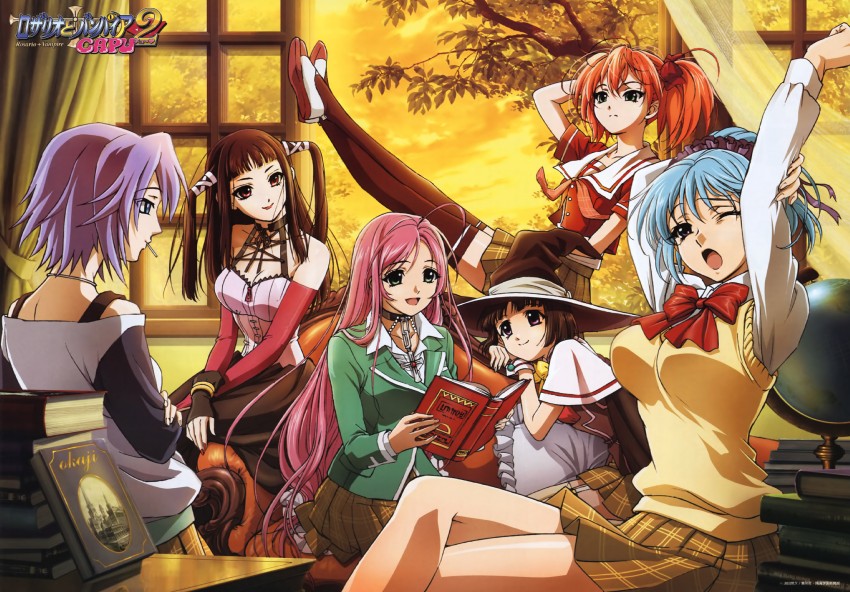akashiya moka, shirayuki mizore, kurono kurumu, sendou yukari, toujou ruby, and 1 more (rosario+vampire)