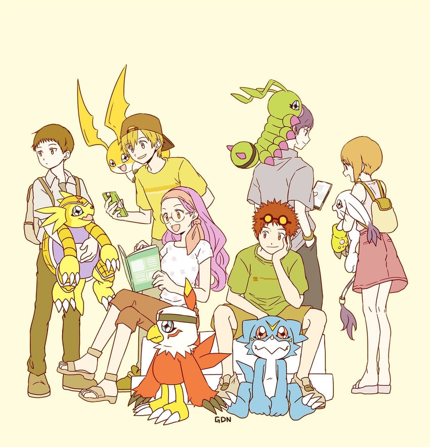 yagami hikari, tailmon, takaishi takeru, patamon, v-mon, and 7 more (digimon and 1 more) drawn by gdn0522