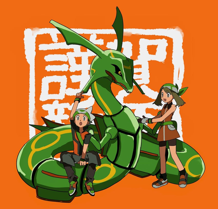 may, brendan, and rayquaza (pokemon and 2 more) drawn by shichibee_(stm_mimi)