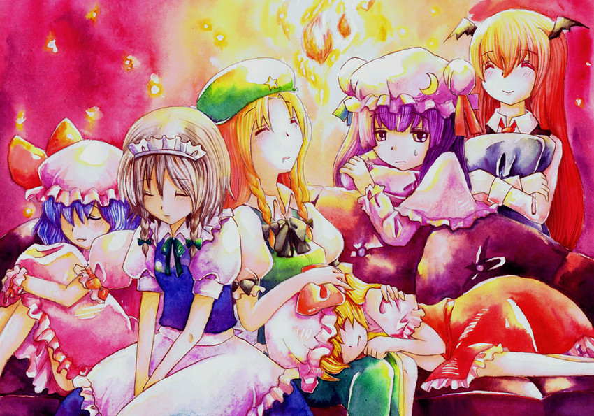 remilia scarlet, flandre scarlet, izayoi sakuya, patchouli knowledge, hong meiling, and 1 more (touhou) drawn by shiroaisa