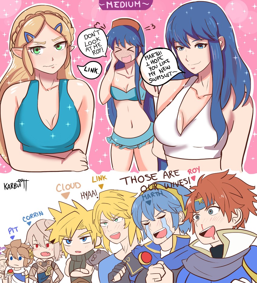 link, princess zelda, cloud strife, male robin, pit, and 5 more (fire emblem and 9 more) drawn by karbuitt
