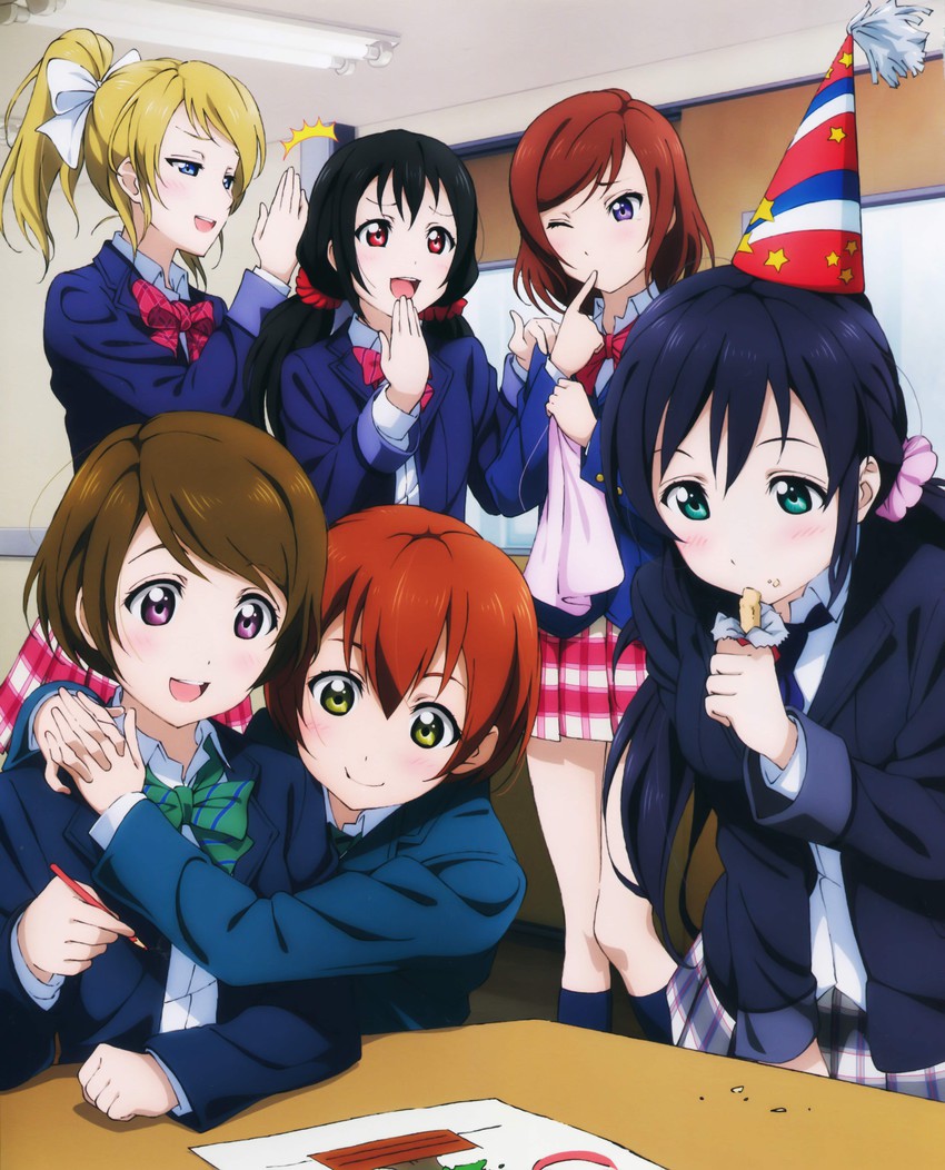 nishikino maki, tojo nozomi, yazawa nico, ayase eli, hoshizora rin, and 1 more (love live! and 1 more) drawn by murota_yuuhei
