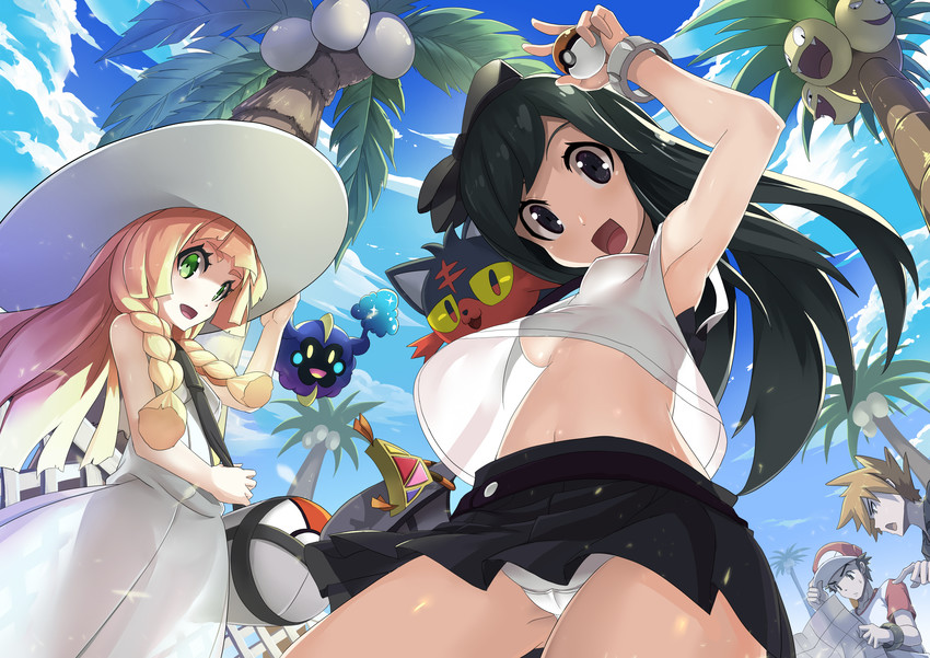 lillie, red, selene, blue oak, litten, and 1 more (pokemon and 1 more) drawn by zelitto