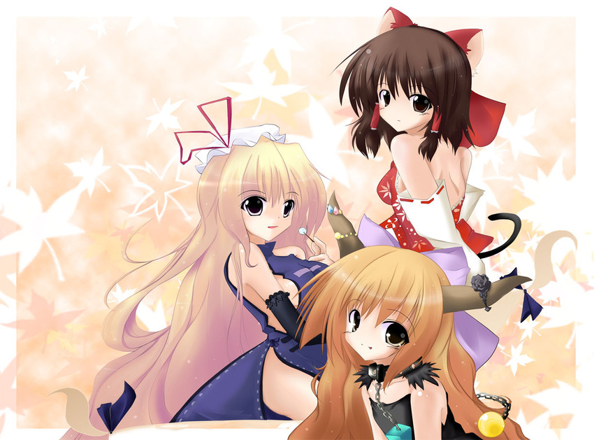 hakurei reimu, yakumo yukari, and ibuki suika (touhou) drawn by kiki_(koikuchikinako)