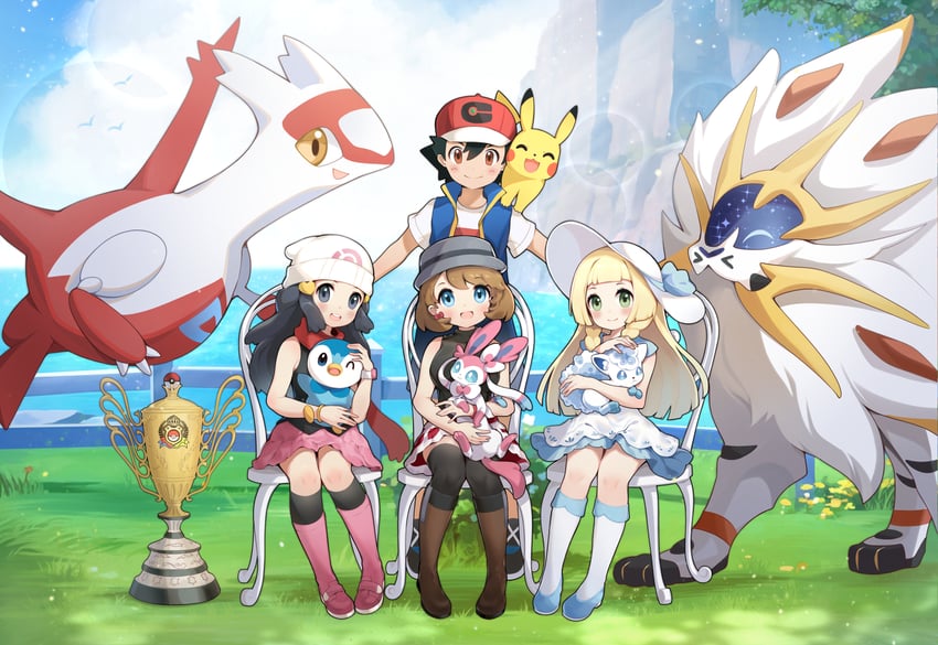pikachu, dawn, lillie, ash ketchum, serena, and 5 more (pokemon and 3 more) drawn by okazakileo