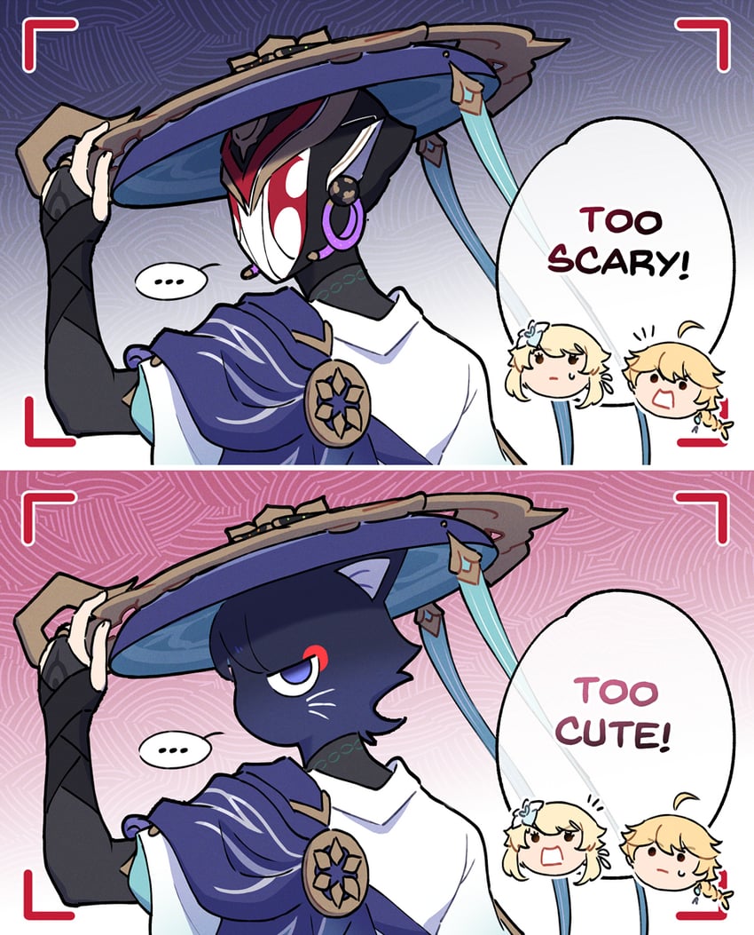 lumine, aether, wanderer, and scaramouche (genshin impact) drawn by kakaolikeslegs