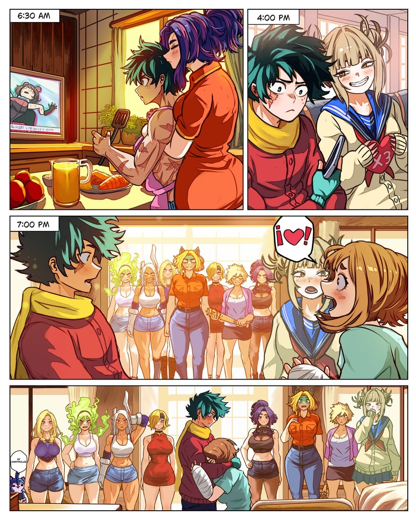midoriya izuku, mirko, uraraka ochaco, toga himiko, mount lady, and 5 more (boku no hero academia) drawn by vlizz