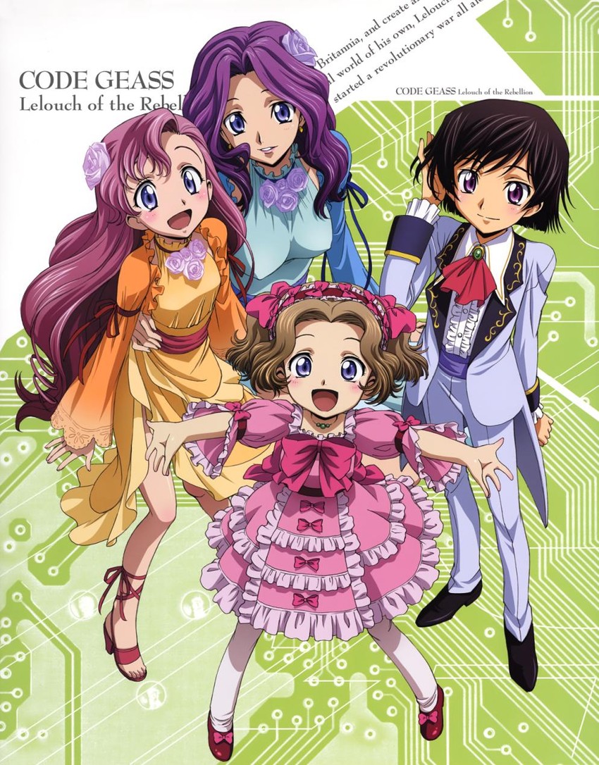 lelouch vi britannia, nunnally vi britannia, euphemia li britannia, and cornelia li britannia (code geass) drawn by iwasawa_reiko and kimura_takahiro